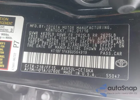 2016 Toyota Camry Se z USA, uszkodzony, nr VIN 4T1BF1FK8GU564919
